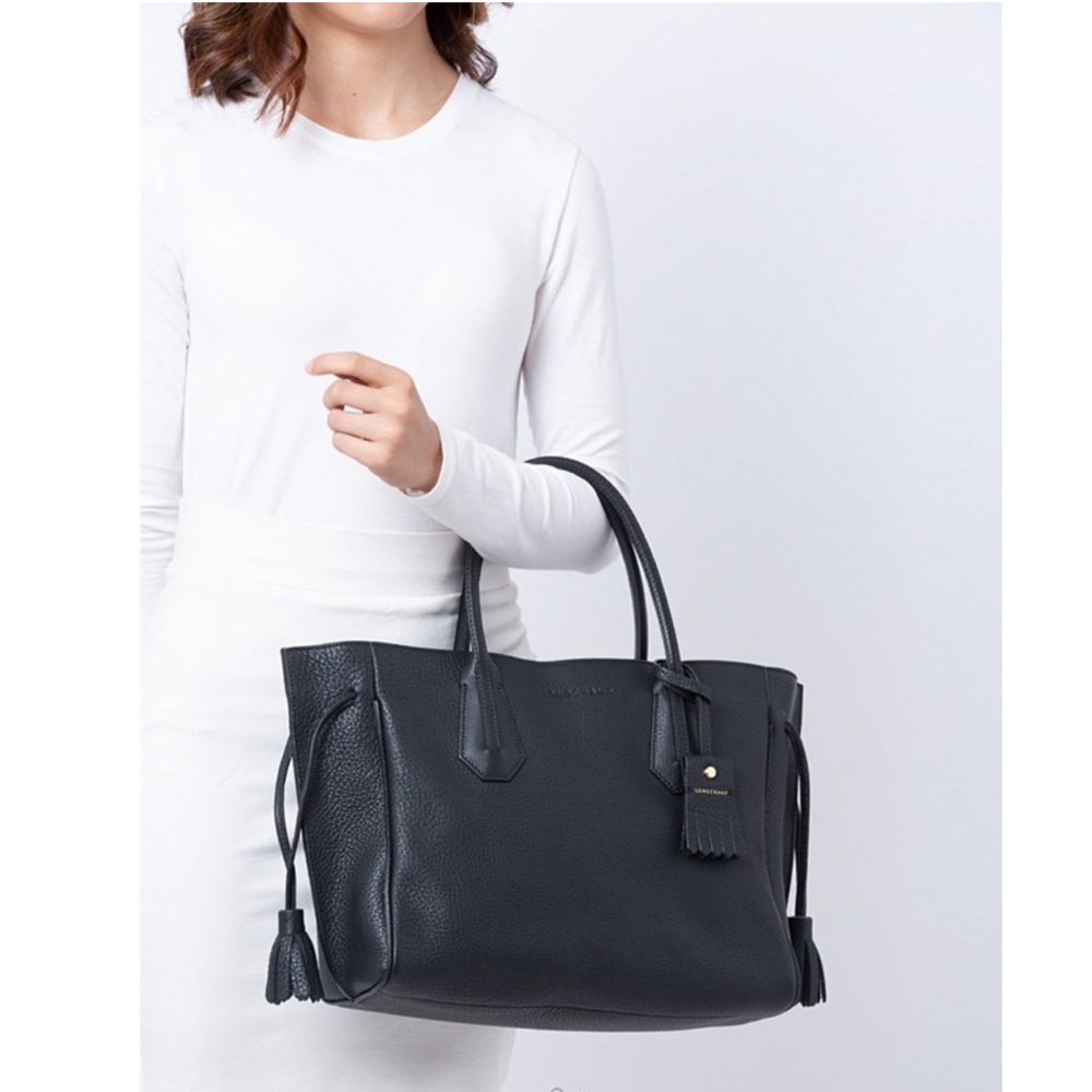 Longchamp Penelope Leather Tote Bag Purse Black Large Overnighter made in France - Picture 2 of 16